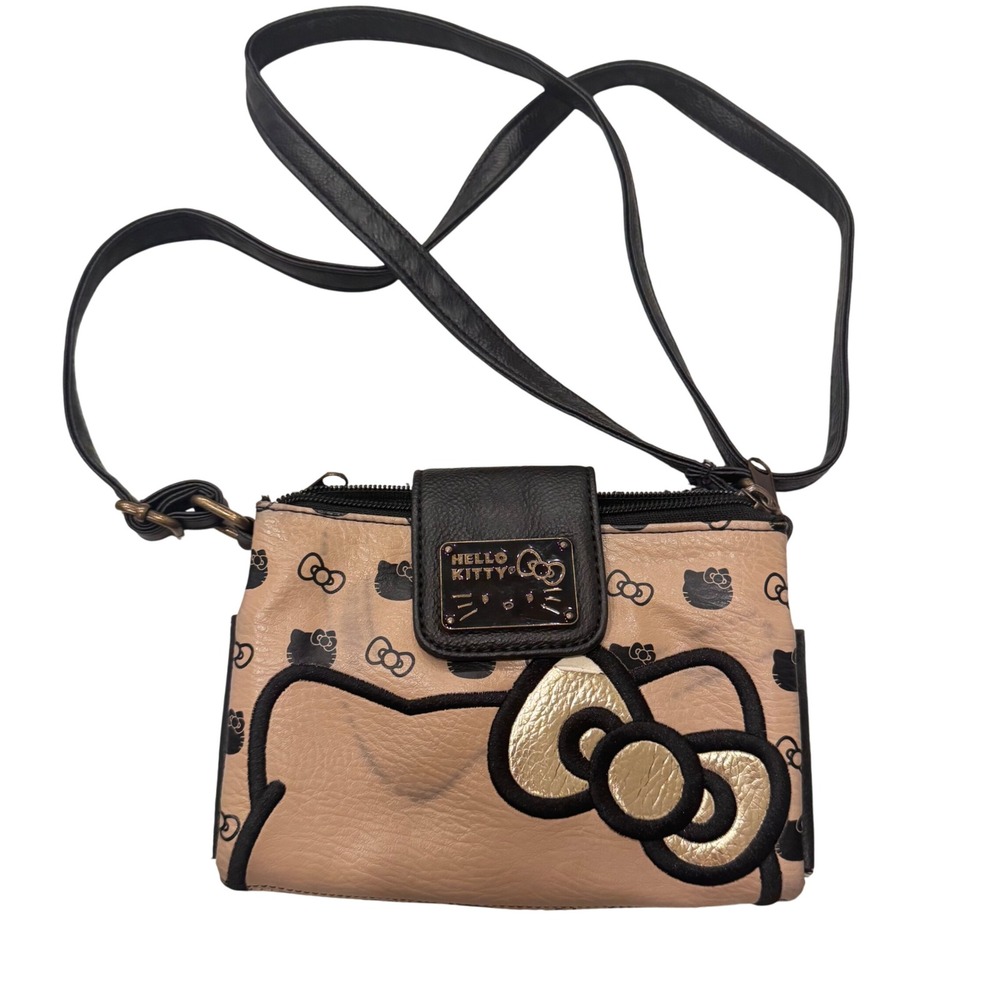 Hello Kitty Crossbody Tan Black Gold‎ faux Leather Sanrio 2014 preloved 5x7.5x1